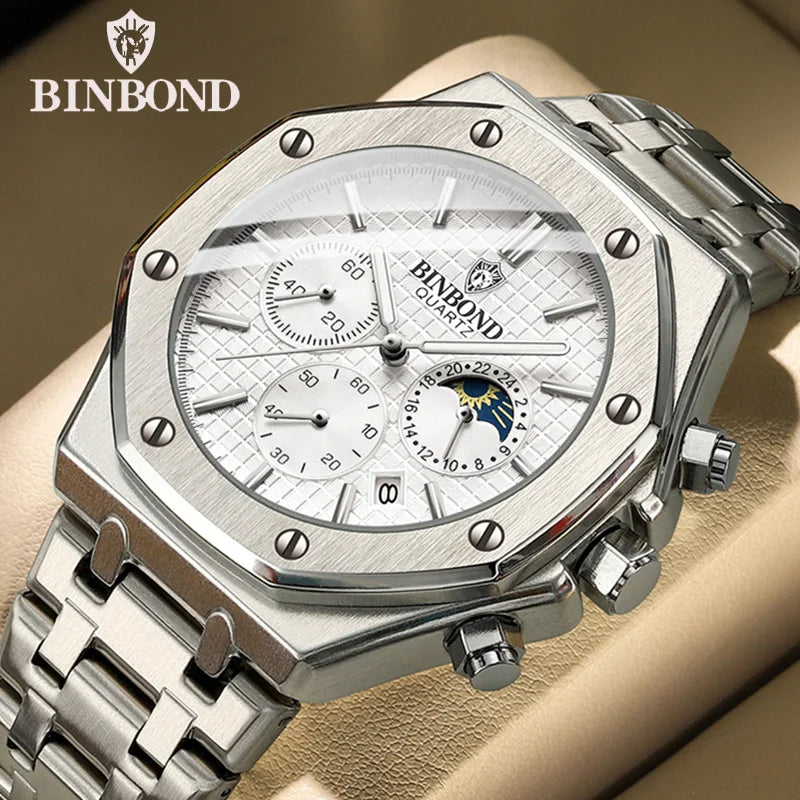 BINBONG B0161 Top Brand Man Business Quartz Watch Chronograph Wristwatch Stainless Steel Strap 30M Waterproof Luxury Men Watch