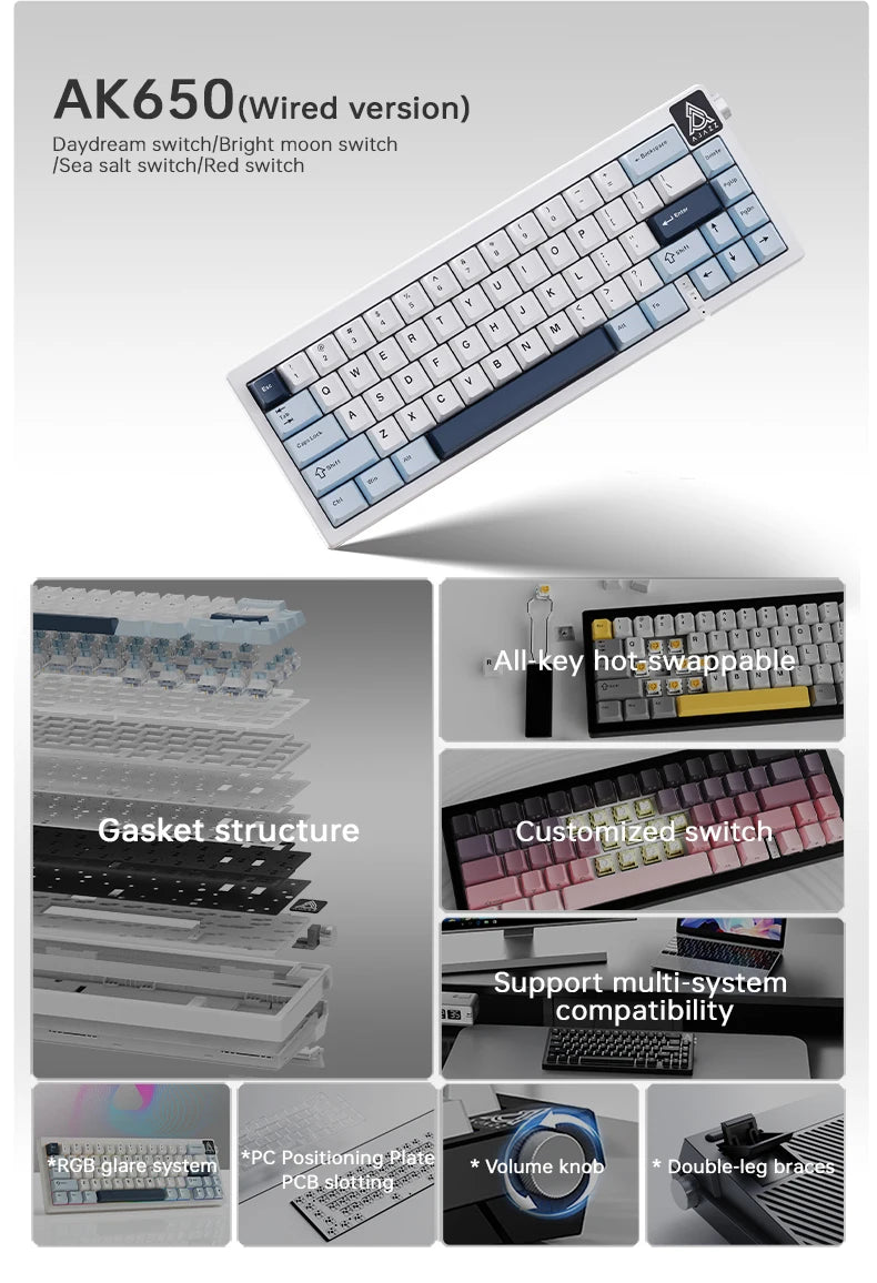 New AJAZZ AK650 Wireless Mechanical Keyboard Bluetooth Triple Mode Customized Game Gasket with Screen Gaming Wired Gift