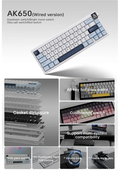 New AJAZZ AK650 Wireless Mechanical Keyboard Bluetooth Triple Mode Customized Game Gasket with Screen Gaming Wired Gift