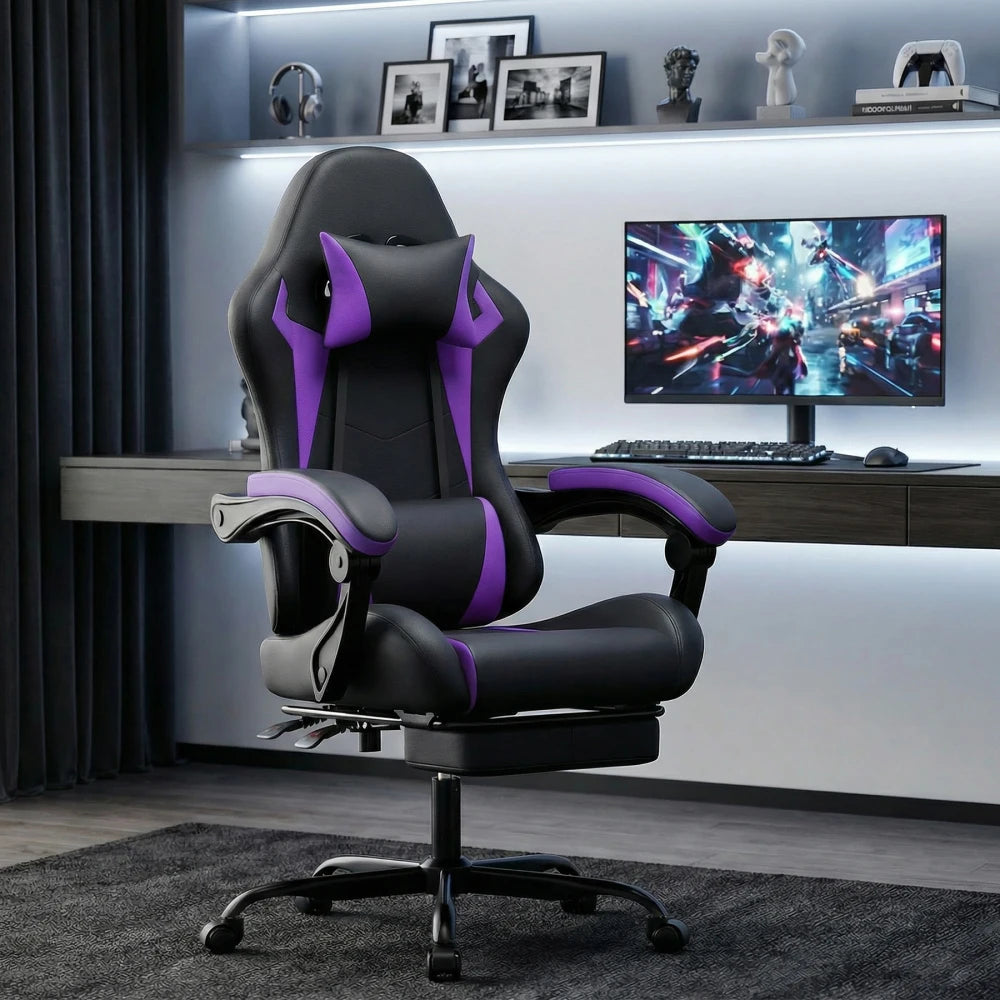Gaming Chair Ergonomic Gaming Chair with Lumbar Pillow and Headrest, Gamer Chair Height Adjustable, Pc Chair for Adults Girls Boy,Black Purple