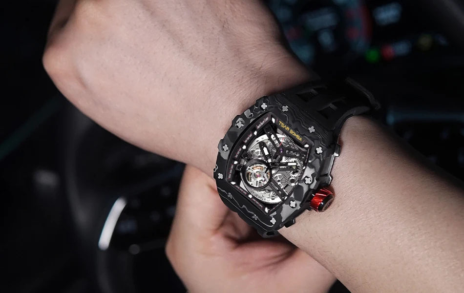 TSAR BOMBA Carbon Fiber Automatic Mechanical Watch for Men Waterproof Skeleton Mens Watches Top Brand Luxury Wristwatches