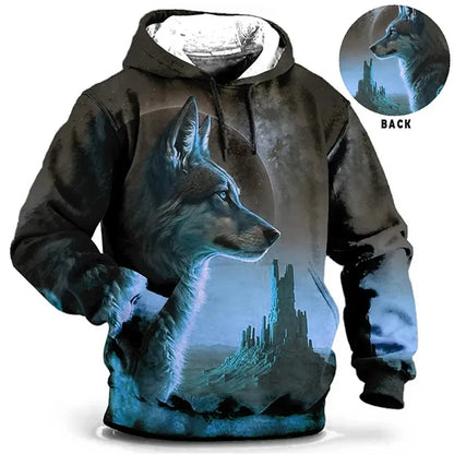 Vintage Hoodies for Men Wolf Animal Pattern 3D Print Eagle Leopard Tops Autumn Winter Casual Long Sleeve Oversized Tiger Hooded
