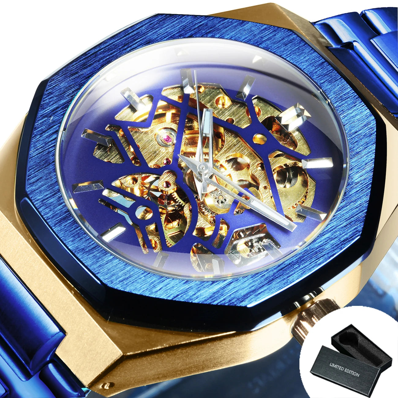 WINNER Black Gold Skeleton Mechanical Watches for Men Fashion irregular Automatic Watch Luxury Brand Stainless Steel Strap 2023