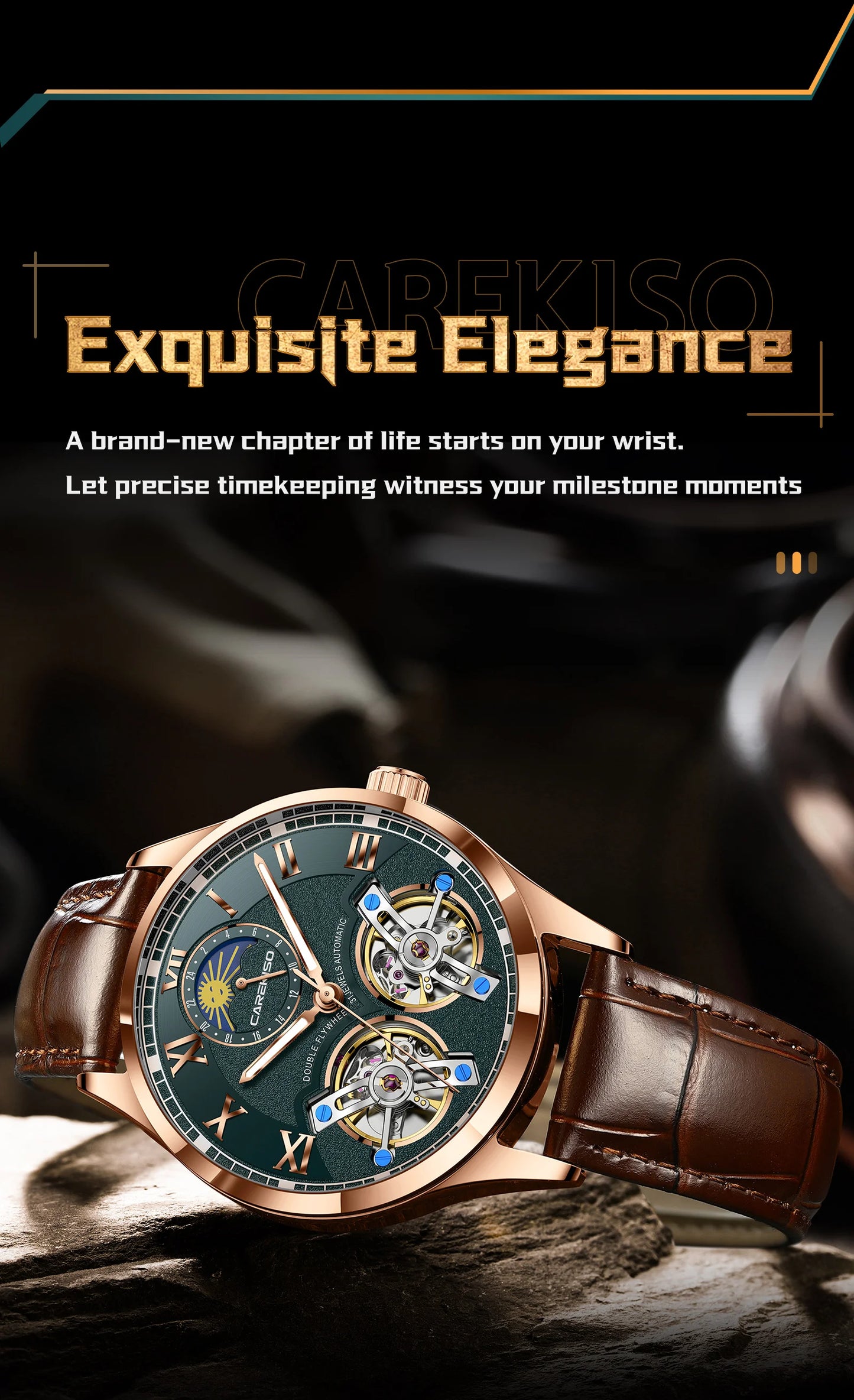 CAREKISO Fashion Men Clock Double Hollow Tourbillon Automatic Mechanical Man Watch Waterproof Luminous Leather Men's Watches+Box