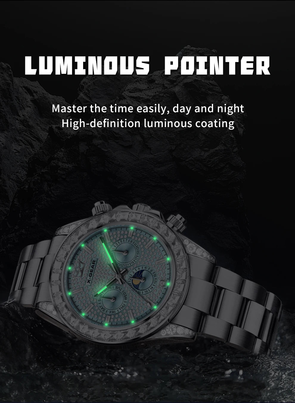 X-GEAR Men's Watch Automatic Mechanical with Diamond Dial Luminous Moon Phase Water-Resistant