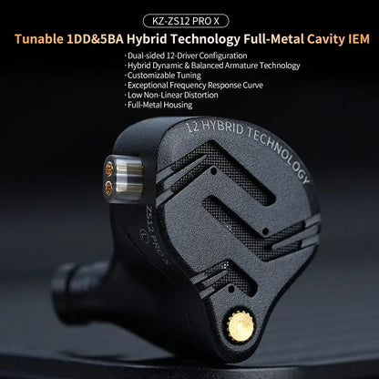 KZ ZS12 PRO X hybridní dynamická technologie a technologie Balanced Armature, IEM sluchátka do uší, vylepšený HiFi basový in-ear headset s ladicím kabelem