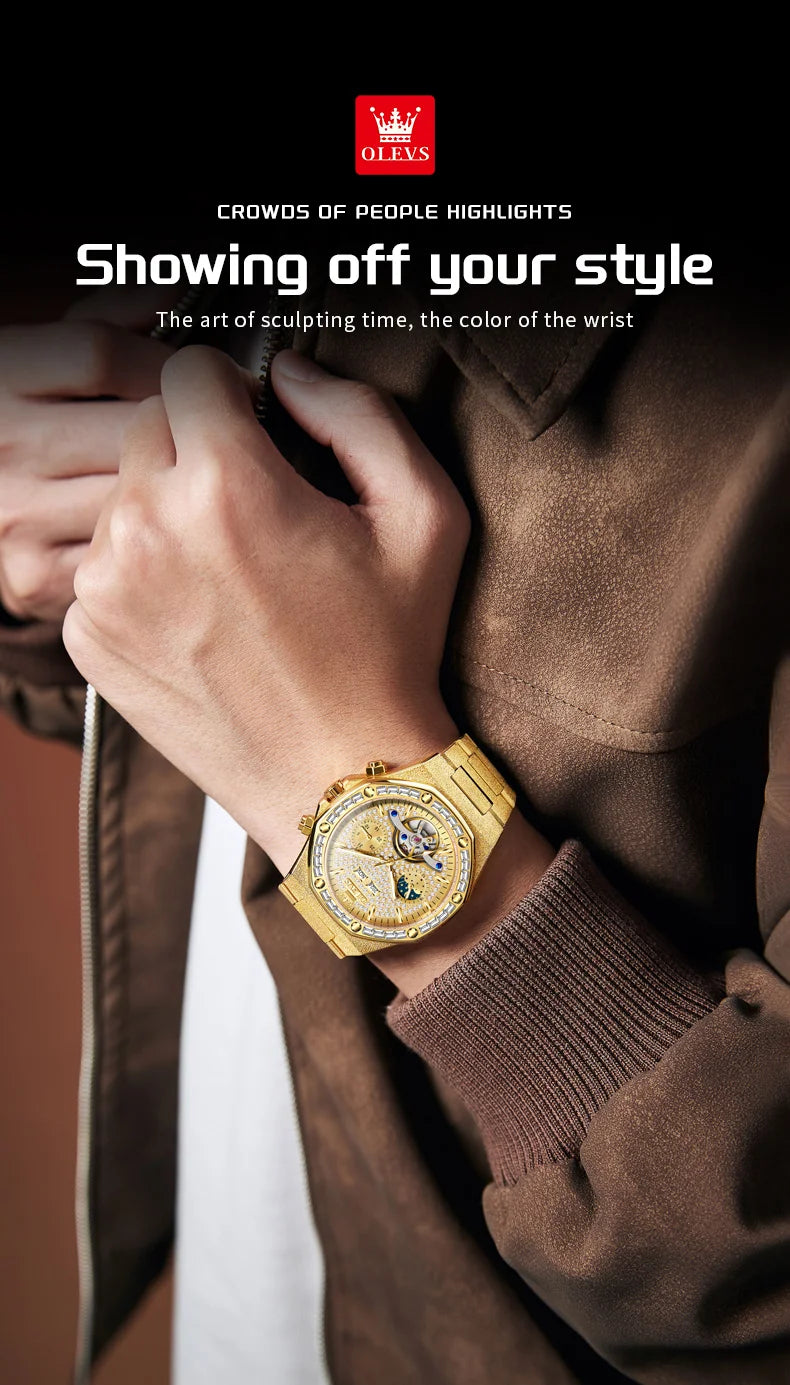 OLEVS Gold Steel Men's Watches Top Brand Automatic Mechanical Luxury Watch Sport Waterproof Tourbillon Wrist Watch Reloj Hombre