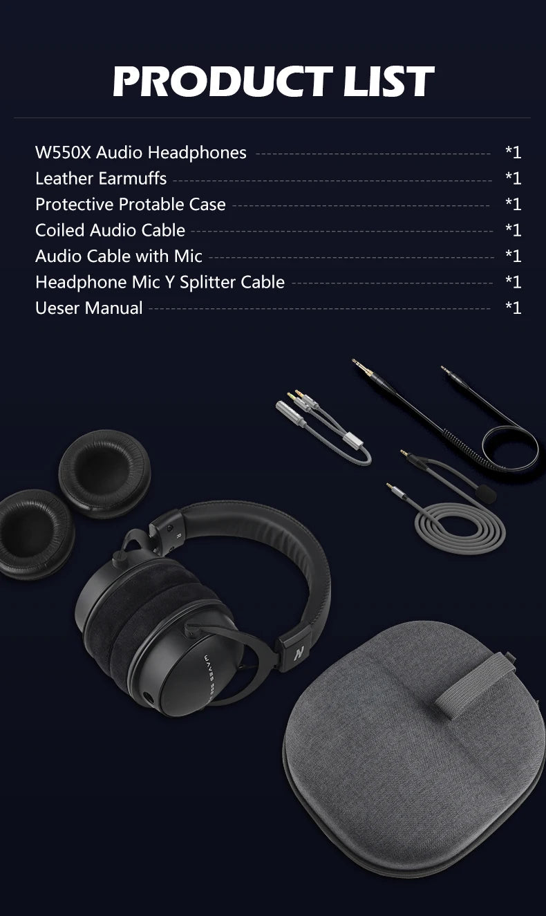TALOMEN W550x Corded Studio Headphones Stereo Professional DJ Headphones Over-Ear Monitor Headphones with Detachable Cable