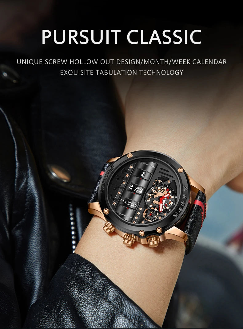 Luxury Electronic Quartz Watch For Men Business Watches Male Creative Men WristWatch Unique Rotate Date Leather Strap Watches
