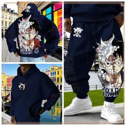 One Piece Luffy Gear 5 Hoodie Pants Set Red Cotton Tracksuit with Character Print on Hoodie Front Pant Side Loose Fit Two Piece