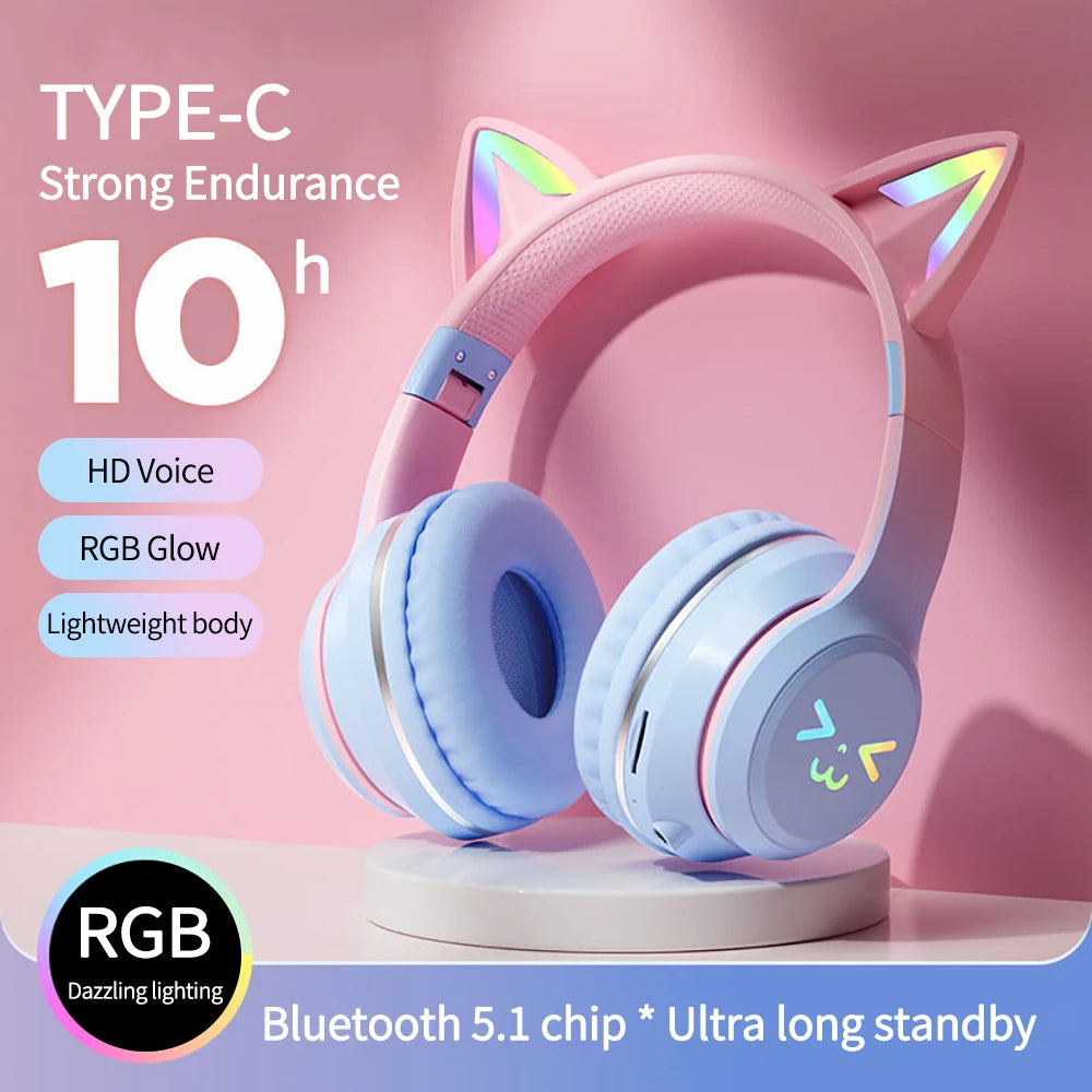 Gradient wireless RB cute cat ears Bluetooth headphones with microphone stereo music games headphones girls children gift