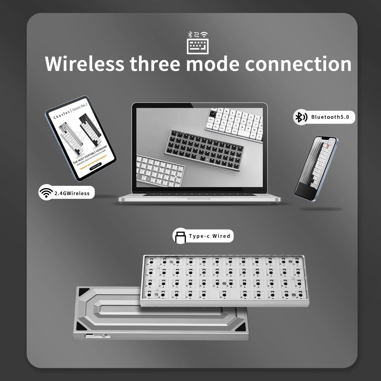 Chosfox GEONIX48 Rev.2 Low Profile Keyboard Single/Three Mode Portable Mechanical Keyboard Kit For LOW MX Switch Support QMK/VIA