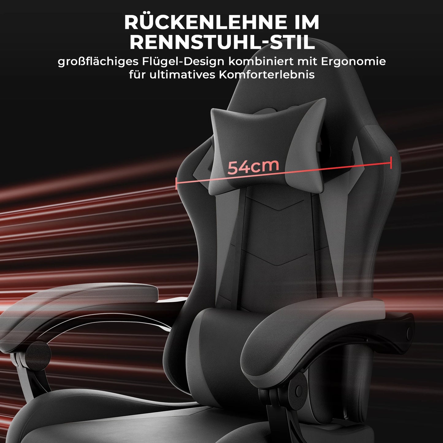 Ergonomic Gaming Chair, Lumbar & Head Pillow, Adjustable Height, Black-Grey