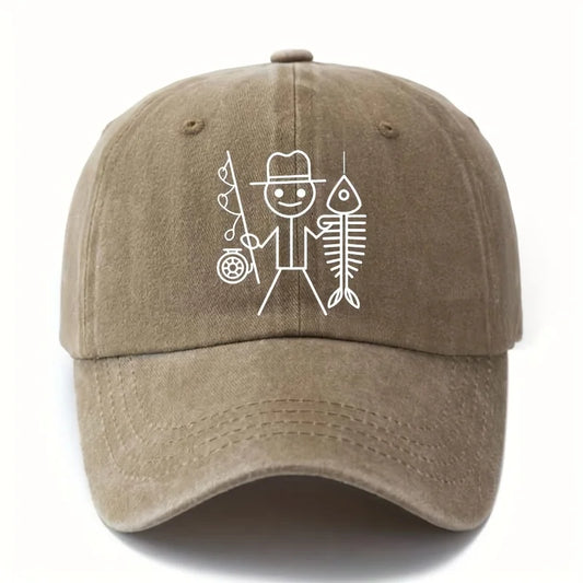 Printed cartoon man fishing baseball cap, outdoor curved brim cap, truck driver cap, vacation travel camping