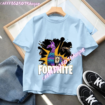 Fortnites Kids Blue Cotton T-Shirt Fortress Night Baby Short Sleeve Tees Shirt Cartoon Boy Girl Summer Clothes Kawaii Tops Gift