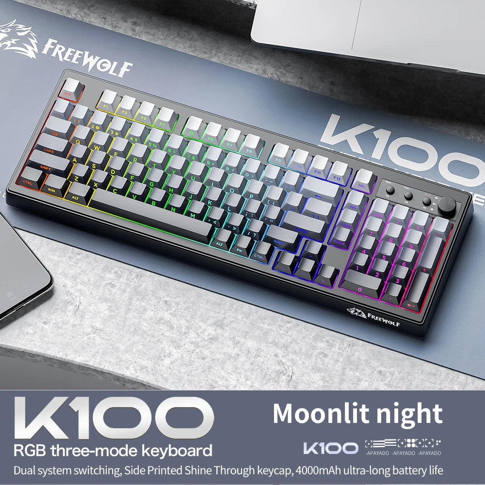 FREEWOLF K100 Wireless Keyboard Quiet with Media Knob|Side-print Backlit|4000mAh|26-Key Rollover Mechanical Feel Keyboard