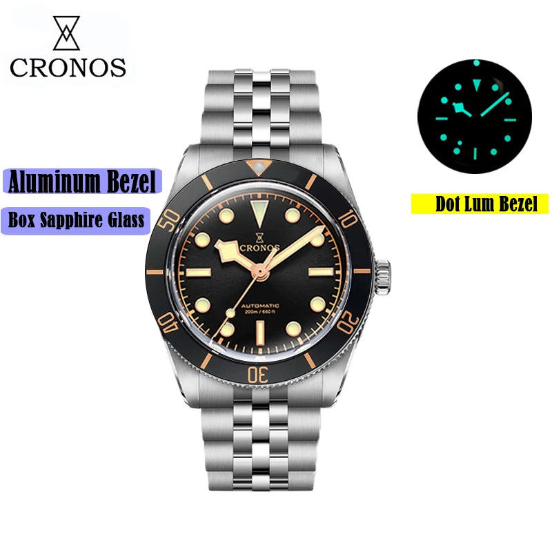 Cronos Luxury Men's Watches 37mm Diver BB54 Vintage Automatic Matt/ Aluminum Bezel Female End Links Sapphire 20 Bar L6033 M