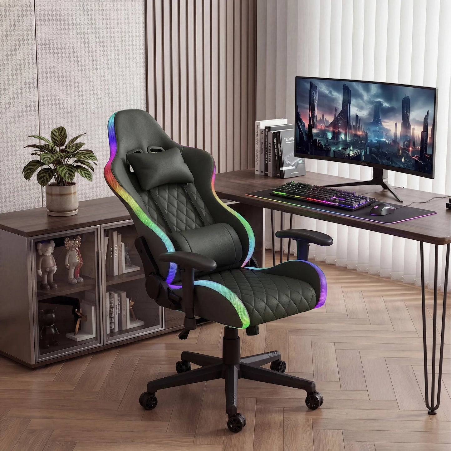 Ergonomic office chair with lumbar massage,LED RGB ambient lighting, and reclining backrest,  for home offices