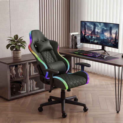 Ergonomic office chair with lumbar massage,LED RGB ambient lighting, and reclining backrest,  for home offices