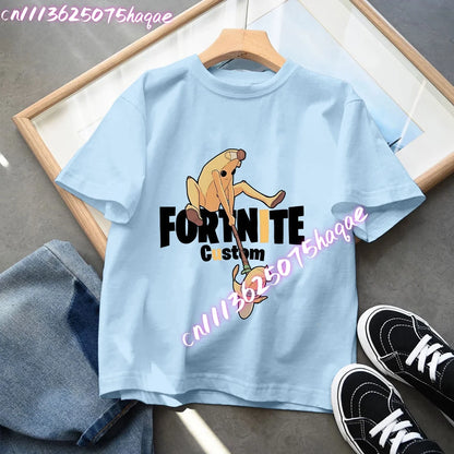 Fortnites Kids Blue Cotton T-Shirt Fortress Night Baby Short Sleeve Tees Shirt Cartoon Boy Girl Summer Clothes Kawaii Tops Gift