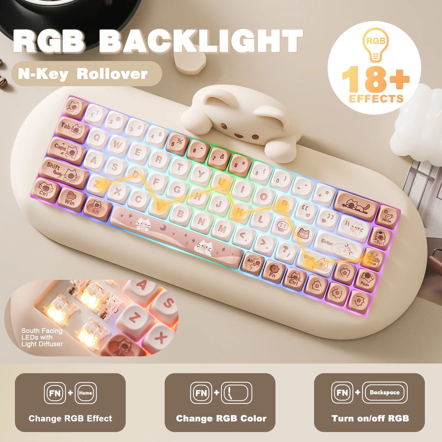 YUNZII C68 Wireless Gaming Keyboard, Hi-Fi Cute Cat Custom RGB Mechanical Keyboard, Silicone 65% Hot Swap Ergonomic Kitty Keeb