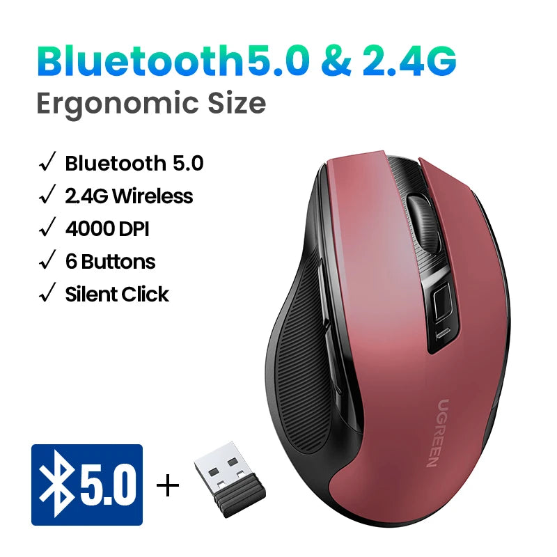UGREEN Wireless Mouse Bluetooth 5.0 Ergonomic 4000 DPI 6 Mute Buttons For MacBook Computer Tablet Laptop PC 2.4G Mice Mouse