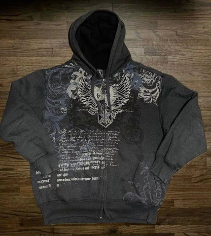 2026 New American Fashion Trend Goth Printed Zipper Hoodie Women Street Hip Hop Punk Rock Sweatshirt Unisex Casual Loose Hoodie