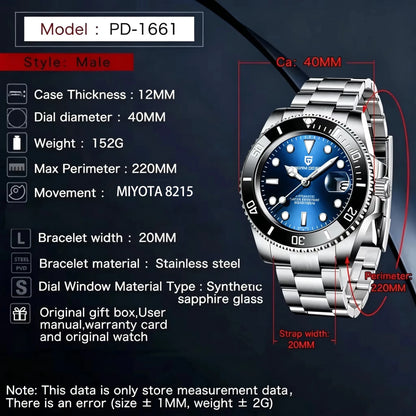PAGANI DESIGN Men Automatic Mechanical Watch PD1661 8215 Dive Stainless Steel Waterproof Clock Sapphire Reloj Hombre