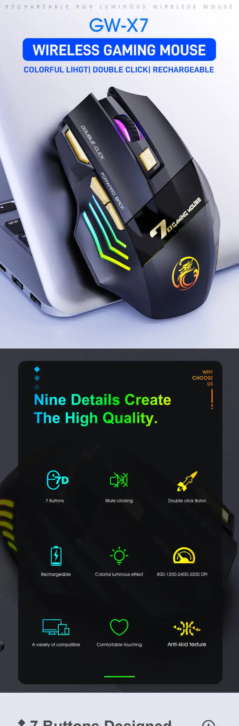Wireless Mouse Bluetooth Wireless Mouse Rechargeable Computer Mouse Gamer Ergonomic Gaming Mause RGB Backlit Silent Mice For PC