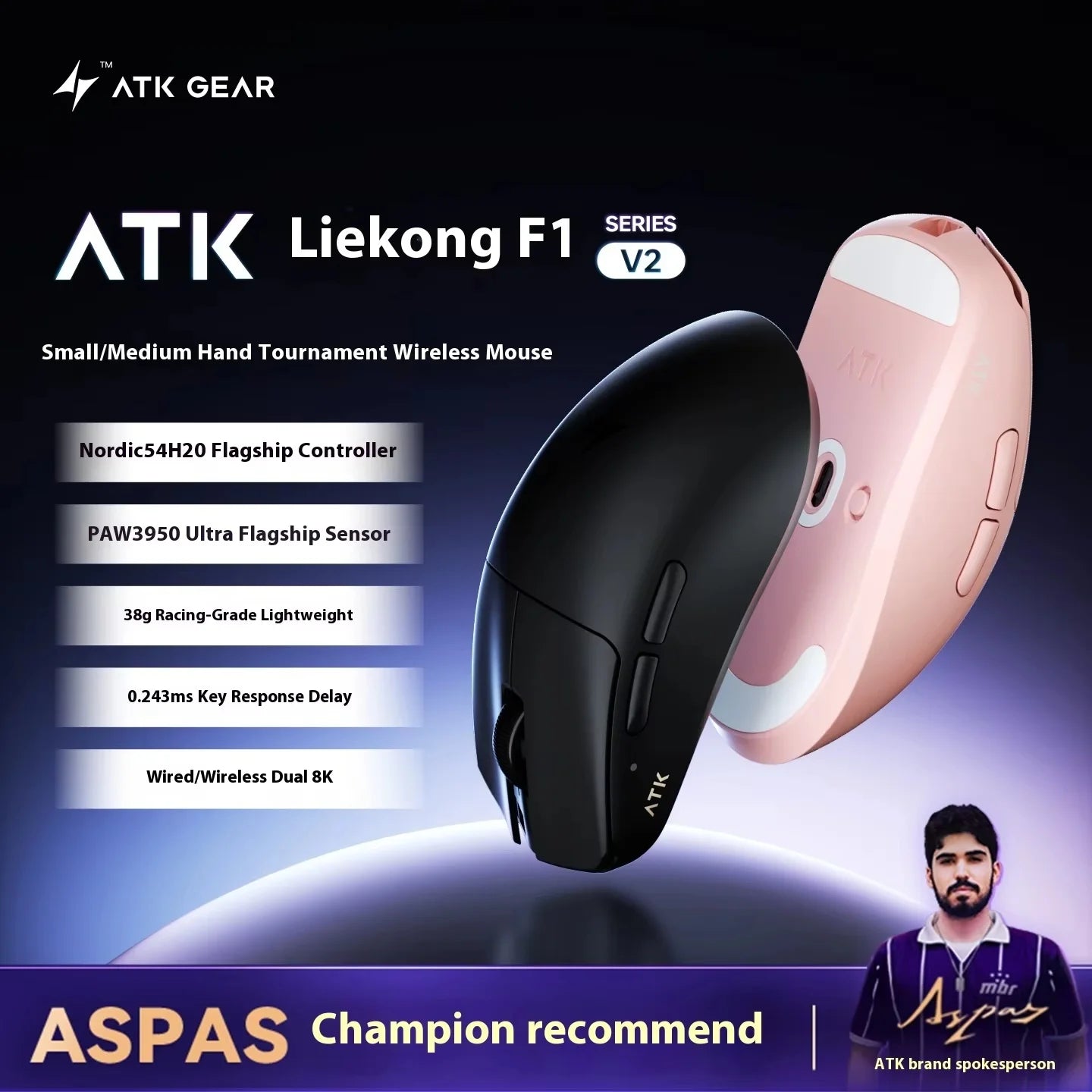 Bezdrátová herní myš ATK F1 V2 Ultra MAX Tri-mode PAW3950 Double 8k, lehká ergonomická e-sportovní myš, vlastní PC příslušenství