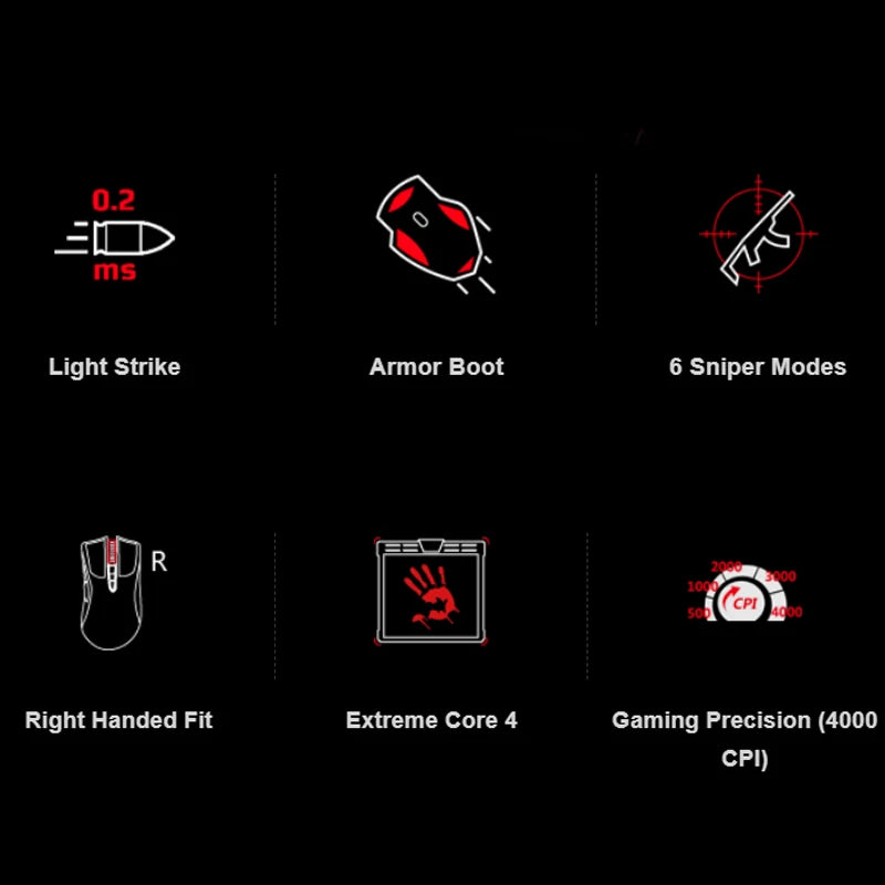 A4TECH Bloody A91 Gaming Mouse, 4000 DPI, Drag Click, 1000HZ, 6666FPS, 8 Buttons, Metal X' Glide Armor Boot, Over 20 million clicks