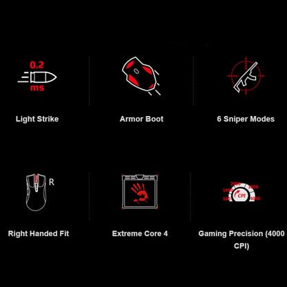 A4TECH Bloody A91 Gaming Mouse, 4000 DPI, Drag Click, 1000HZ, 6666FPS, 8 Buttons, Metal X' Glide Armor Boot, Over 20 million clicks