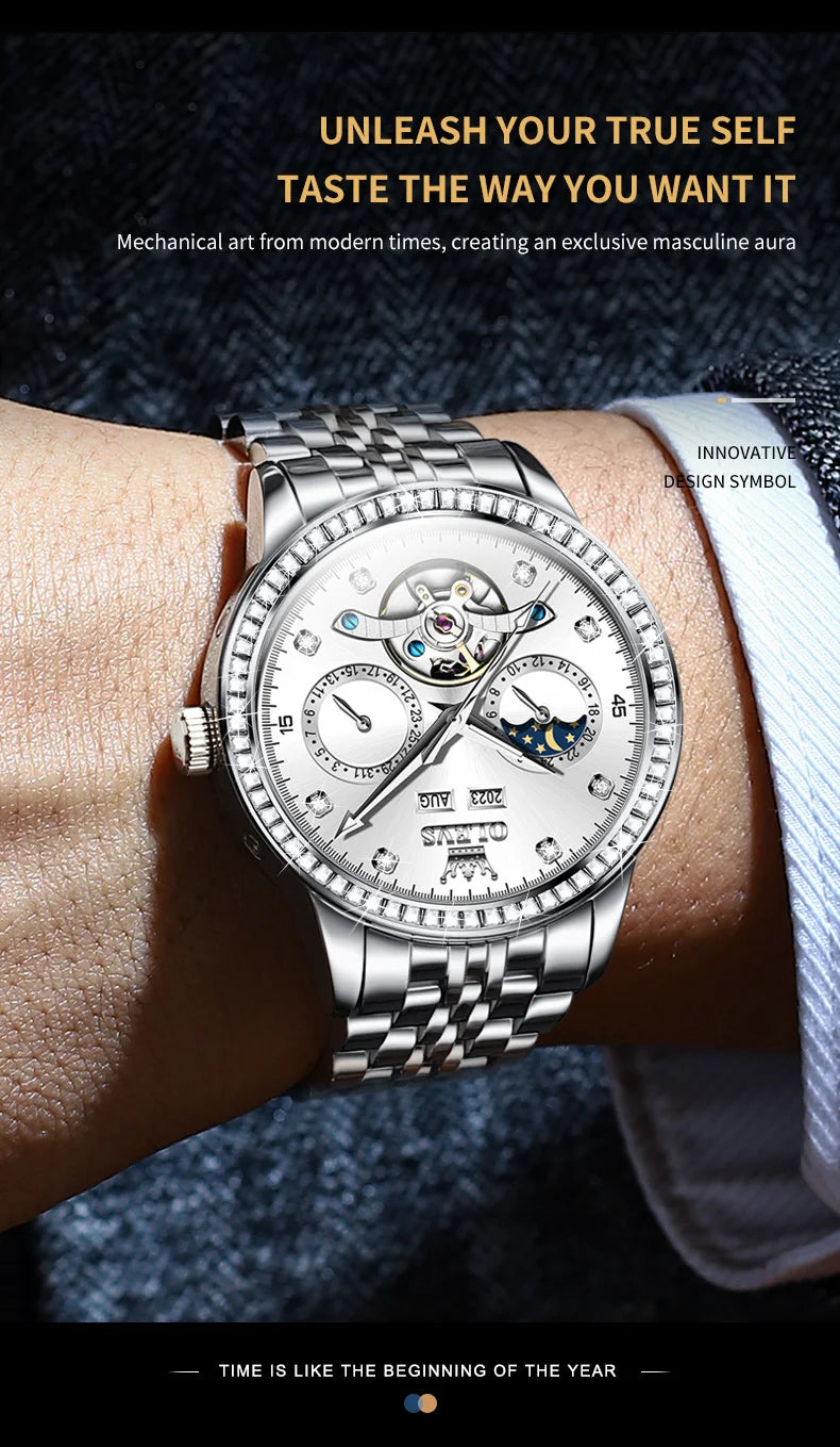 OLEVS 7016 Automatic Man Watch Stainless Steel Diamond Bezel Skeleton Flywheel Moon Phase Luminous Waterproof Mechanical Watches