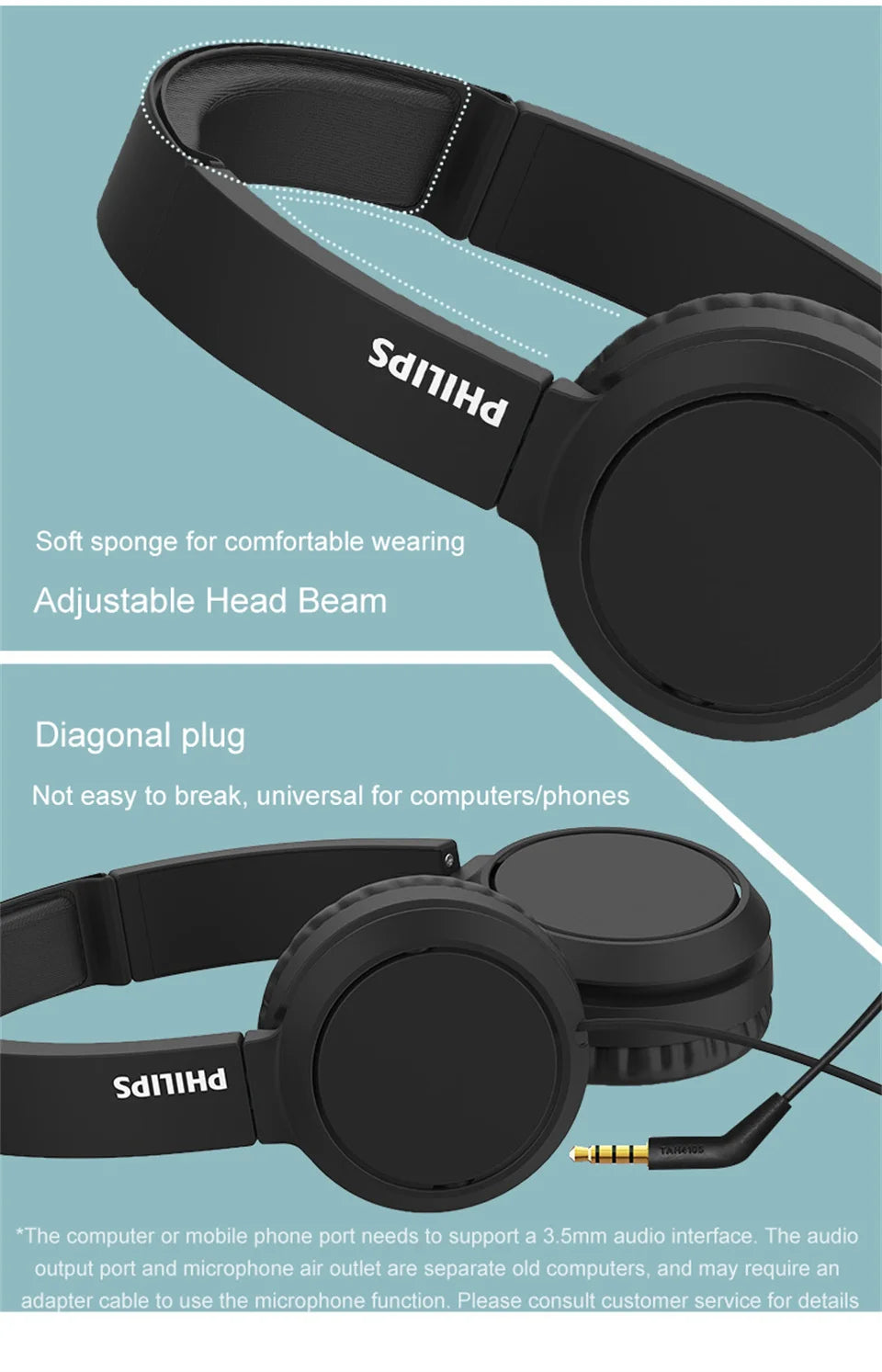 Philips TAH4105 Wired Headphones HiFi Stereo HD Call Headset With MIC Suitable For Online Learning And Outdoor Sports Earphones