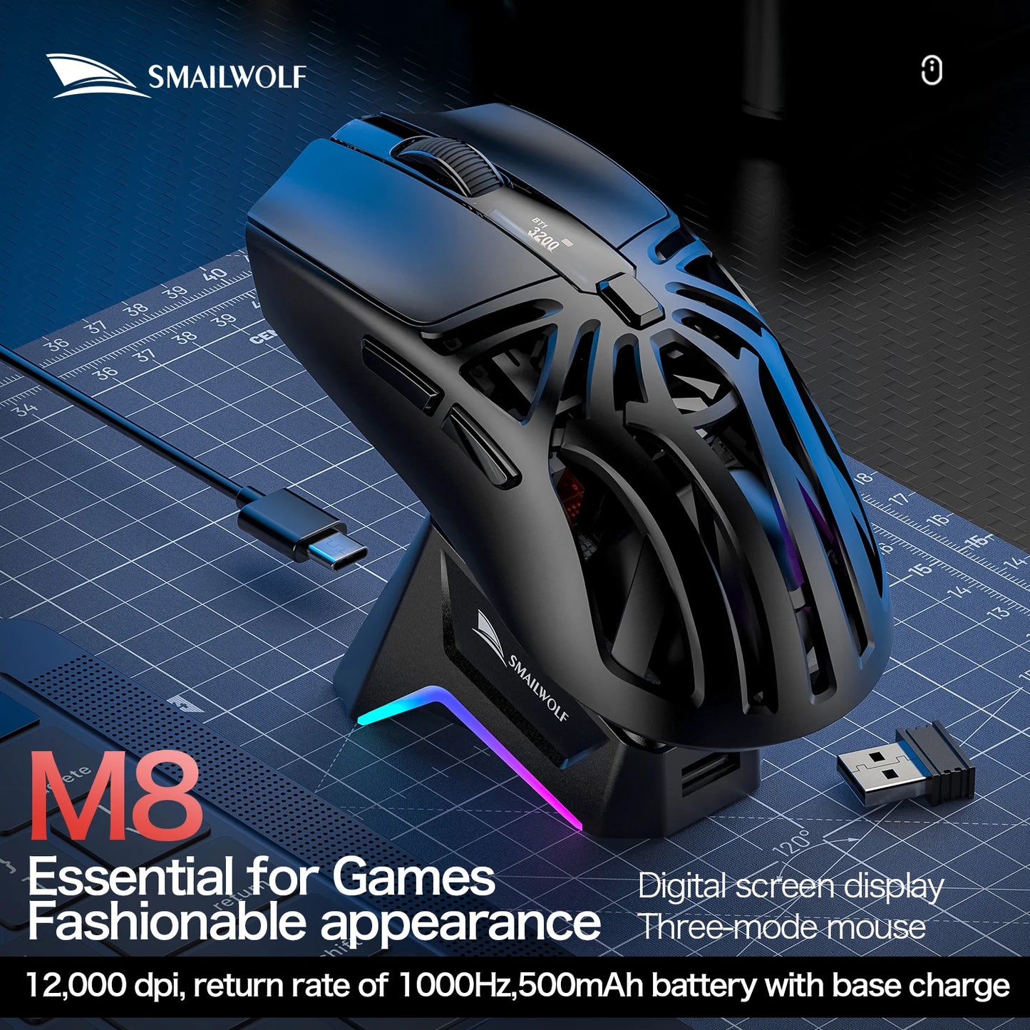 SMAILWOLF M8 Bluetooth wireless mouse, three-mode RGB charging base e-sports gaming mouse, PAW3311 lightweight gaming office