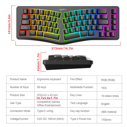 69 Key Wired Ergonomic Gaming Keyboard Keyboard Silent Irregular RGB Backlit Keyboard for Windows Linux Home Office Game PC