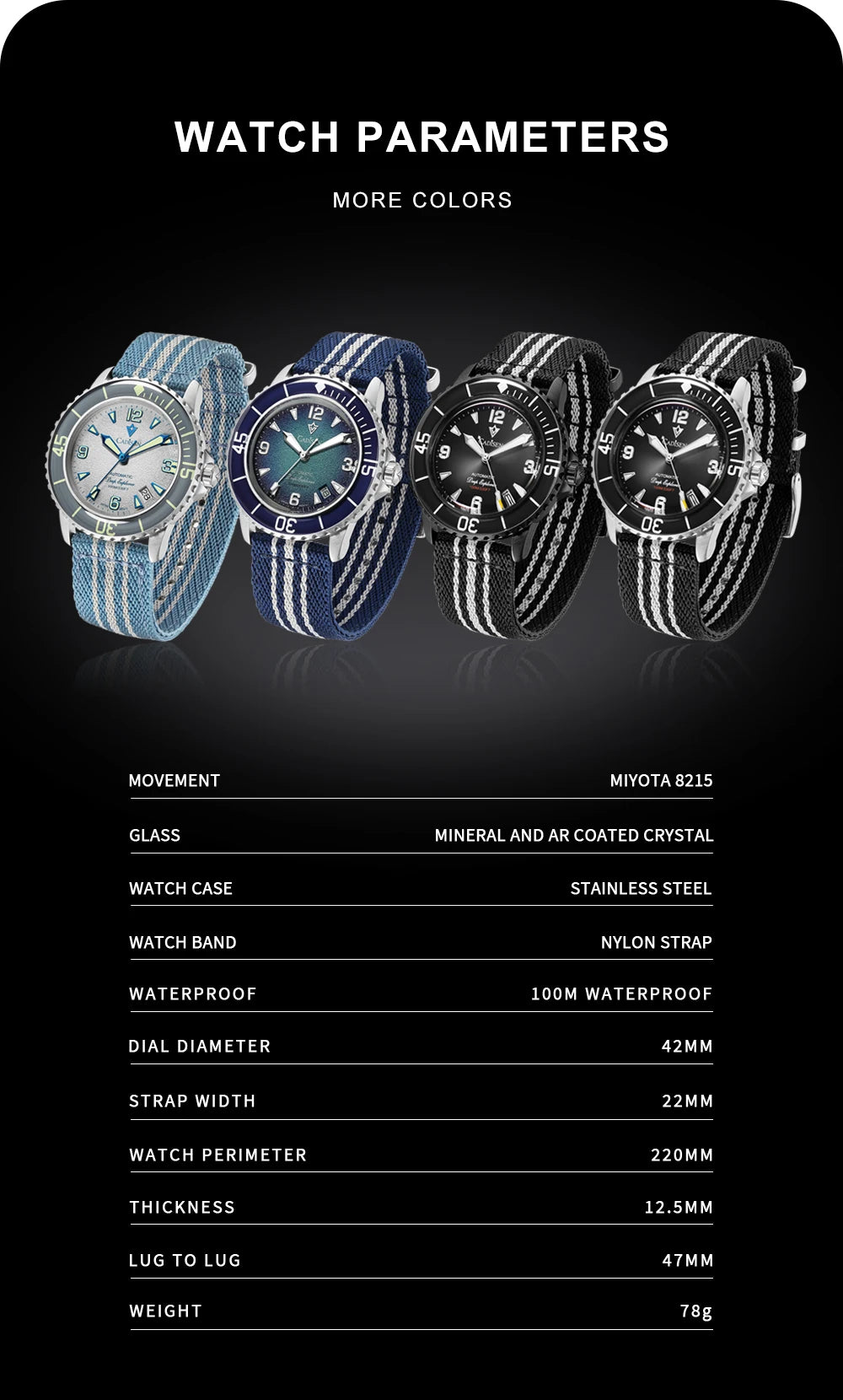 CADISEN Deep Explorer MIYOTA 8215 Automatic Mechanical Watch Man Canvas Strap Wristwatch Luxury Luminous Waterproof Watches