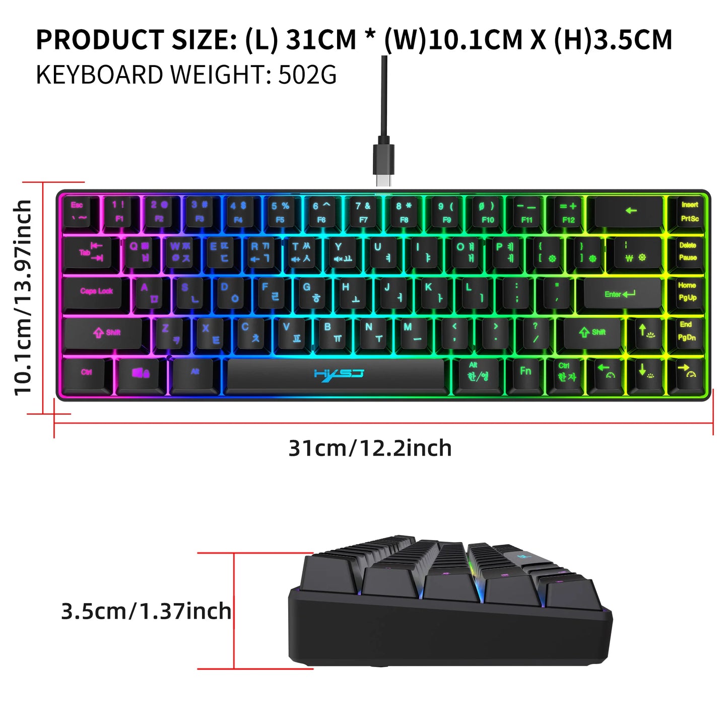 68 Keys Gaming Keyboard USB Wired Portable 20 RGB Backlight Korean Keyboard for Windows Laptops Computer