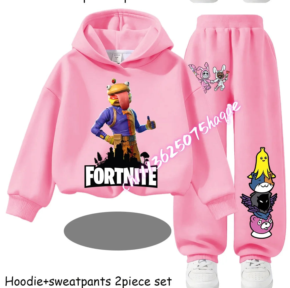 Fortnite Kinder-Set für Frühling und Herbst: langärmliges Kapuzen-Sweatshirt und Hose mit Gaming-Cartoon-Print für Jungen