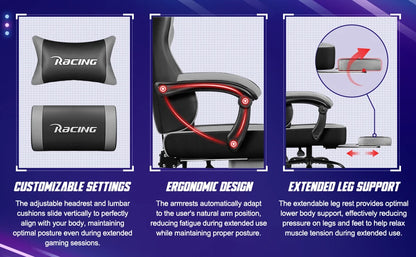 AUTHMIC Ergonomic Gaming Chair with 170° Reclining Backrest, Foldable Footrest, Soft Armrests, Supports150kg,Breathable Material