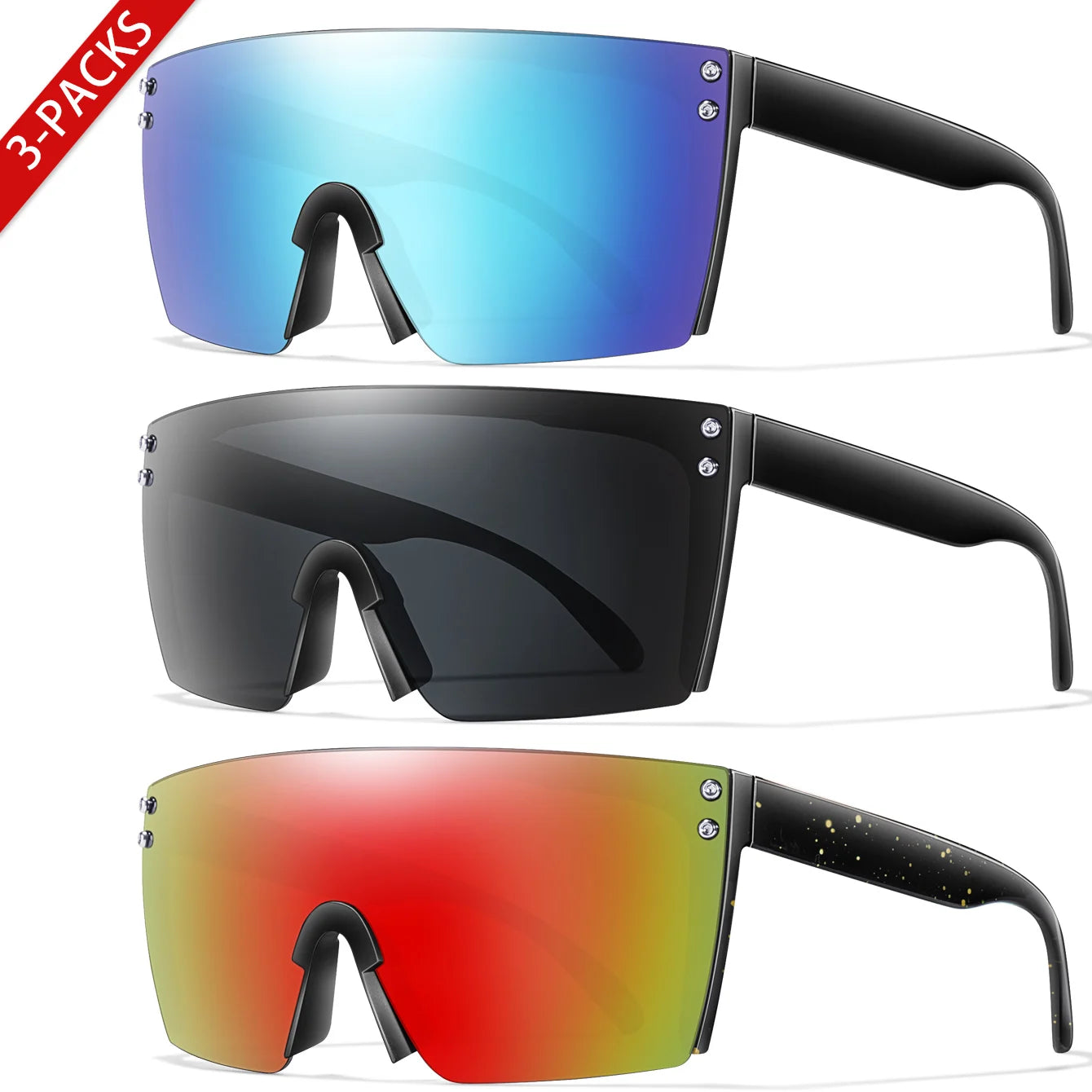 3 Pairs Fishing Sunglasses Men and Women Square Oversize Windproof Shades with UV Protection for Outdoor Cycling Hiking