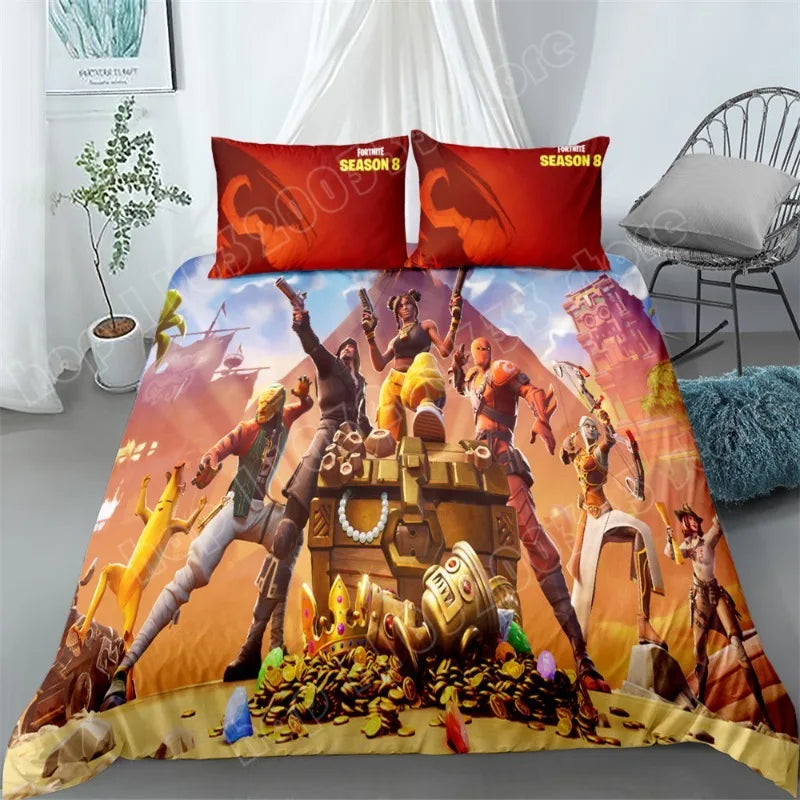 Fortnite-Bettwäsche-Set, 3-teilig, 3D-Druck, Bettwäsche für Schlafzimmer, Gaming-Cartoon-Dekor, Bettbezug und Kissenbezug, Geburtstagsgeschenk