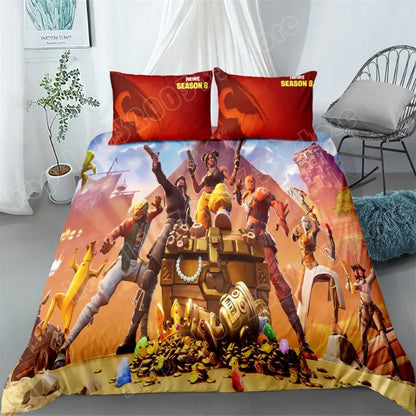 Fortnite-Bettwäsche-Set, 3-teilig, 3D-Druck, Bettwäsche für Schlafzimmer, Gaming-Cartoon-Dekor, Bettbezug und Kissenbezug, Geburtstagsgeschenk