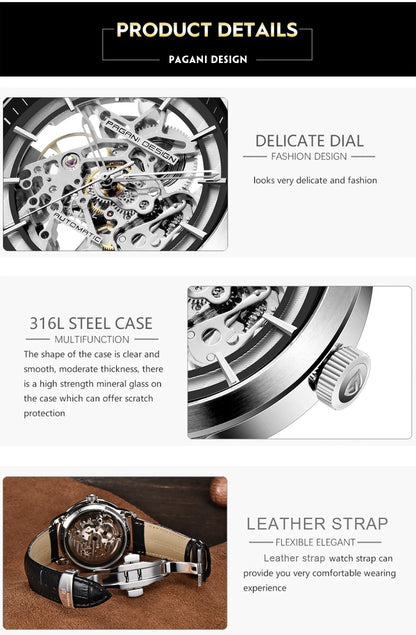 PAGANI DESIGN Business Man Watch Luxury Skeleton Hollow Leather Men's Wristwatch New Mechanical Male Clock Relogio Masculino