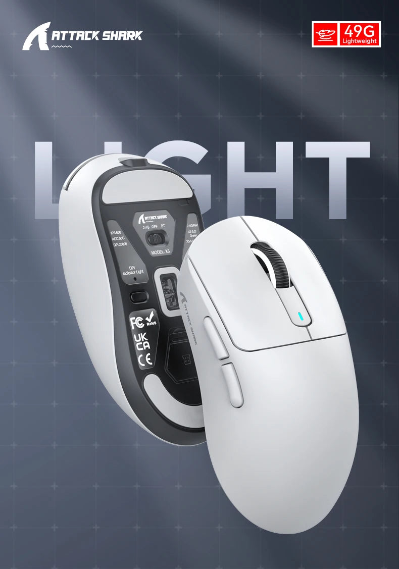 ATTACK SHARK X3 třirežimová myš 1K Hz, X3Pro bezdrátová Bluetooth myš 4K Hz, lehká, PAW3395, mobilní rychlost 650IPS