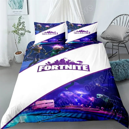 Fortnite-Bettwäsche-Set, 3-teilig, 3D-Druck, Bettwäsche für Schlafzimmer, Gaming-Cartoon-Dekor, Bettbezug und Kissenbezug, Geburtstagsgeschenk