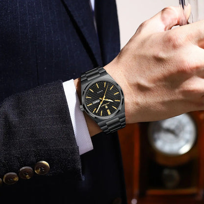 POEDAGAR luxury men’s wristwatch, water-resistant, luminous, stainless steel, with date and day of the week, quartz movement, business style.