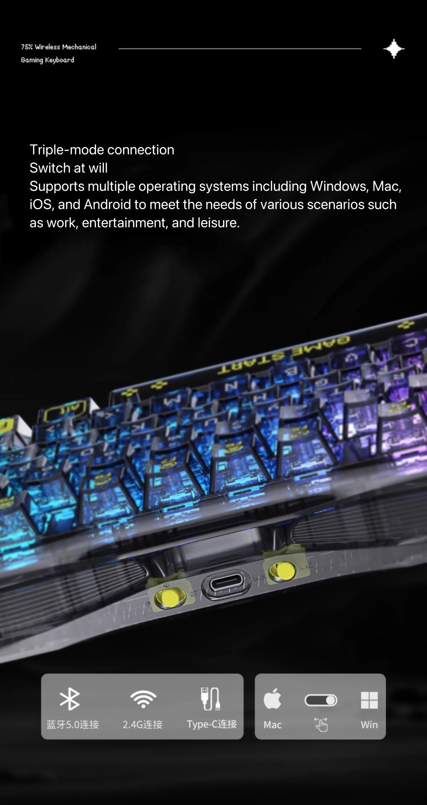Gravity Planet K1 LITE Wireless Bluetooth Wired Tri-mode Mechanical Keyboard with Backlight for Office, Gaming and General Use