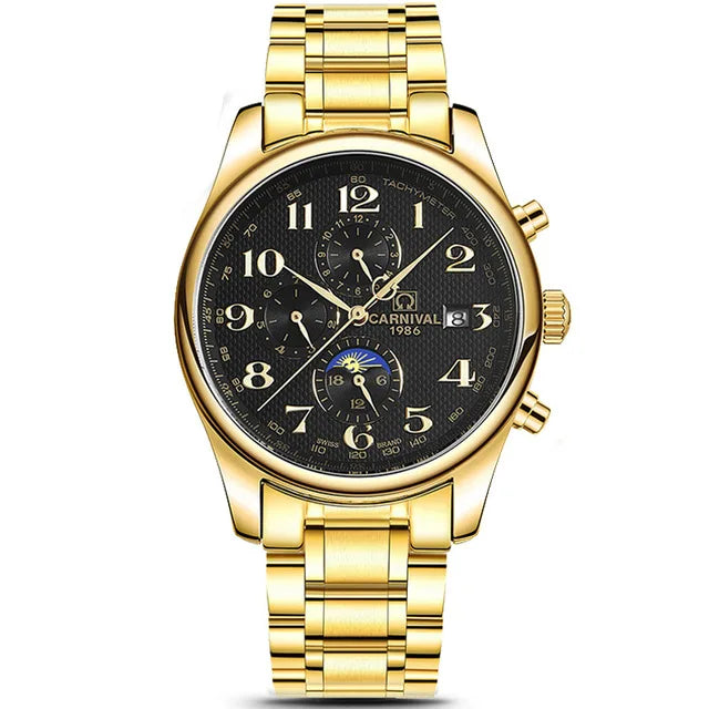 Carnival Brand Automatic Watch Fashion Luxury Waterproof Calendar Moon Phase Mechanical Watches For Men Clock Relogio Masculino