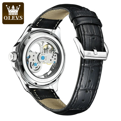 OLEVS 6661 – mekanisk automatisk herrklocka – helt transparent skelettmodell med synligt balanshjul, läderarmband, originell lyxklocka för män